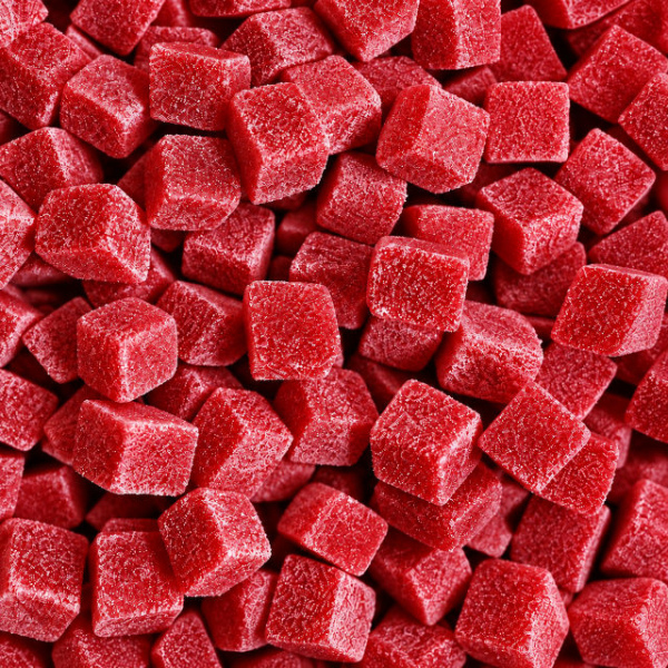 Vegan Raspberry Jelly Cubes – Handmade Candy need an alt text, title, image caption, description for the watermelon jelly cubes vegan