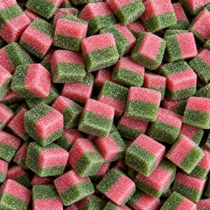 Vegan Watermelon Jelly Cubes with pink and green layers handmade in Australia