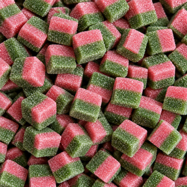 Vegan Watermelon Jelly Cubes with pink and green layers handmade in Australia
