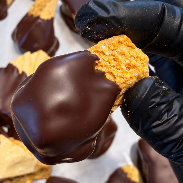 Single piece of golden honeycomb dipped in Callebaut dark chocolate