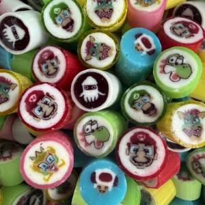 Mario Mix handmade hard candy assortment featuring colourful character-themed rock candy pieces inspired by classic video game designs, made in Australia.