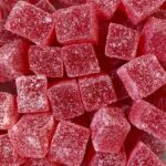 Raspberry flavoured vegan jelly cubes.