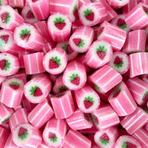 Strawberry Rock - strawberry flavoured rock candies with strawberry designs. 100% vegan friendly, dairy-free, soy-free, gluten-free.